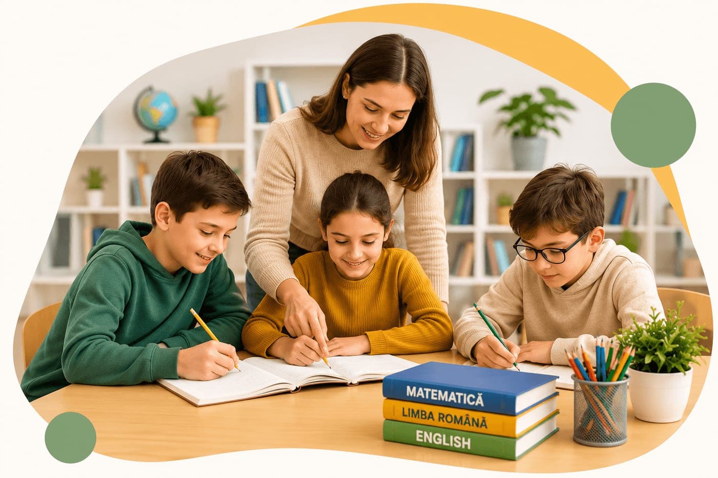 Profesoară îndrumând trei copii la o lecție Up for Learning, cu manuale de Matematică, Limba română și English