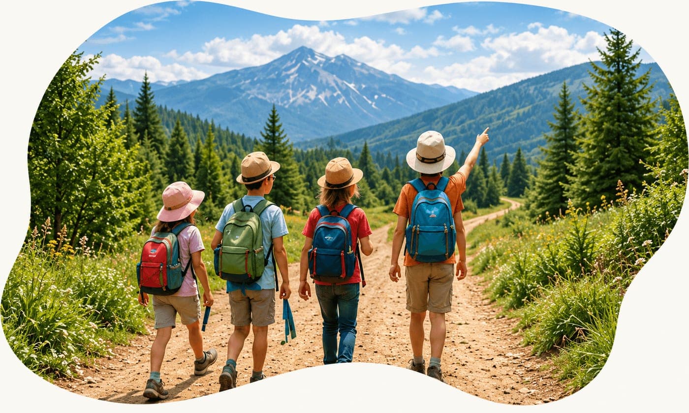 Copii cu ghiozdane într-o excursie educațională, pe o potecă spre munte